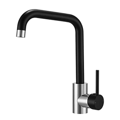 Image of Kitchen Sink Mixer Tap 360 Swivel Spout Single Lever Mixers Polished Chrome Finished Body Matte Black Gooseneck Faucet Rectangle Taps with Aerator