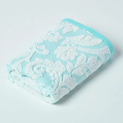 Image of HOMESCAPES Luxury Turquoise Hand Towel 100% Turkish Cotton Patterned Small Super Soft &amp; Absorbent Extra Thick 600GSM Ringspun Aqua For Bathroom with Damask Pattern
