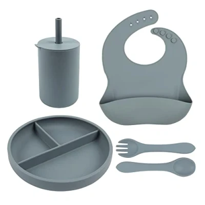 Image of Tiny Dining 5pc Baby Weaning Set Tradewinds Silicone Toddler Feeding with Bib, Sippy Cup, Divided Plate, Fork and Spoon