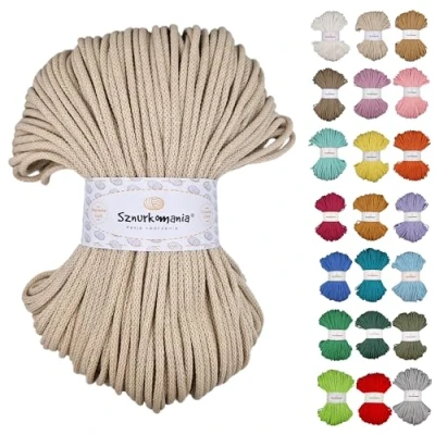 Image of Braided Cotton Cord 5 mm 100 m, 46 Colours, Crochet Cord, Macrame Yarn, Premium Rope, Sznurkomania (Light Beige)