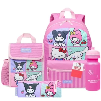 Image of Hello Kitty Sanrio Backpack Set 4 Pcs Girls Water Bottle Pencil Case Insulated Lunch Bag Cinnamoroll Kuromi My Melody Teens Kawaii School Supplies