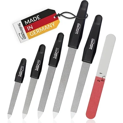 Image of marQus Sapphire Nail Files Set 6 Pcs with 3 Way Buffer Stainless Steel, Double Sided Grit for Natural Nails, Solingen Germany Professional Care Kit