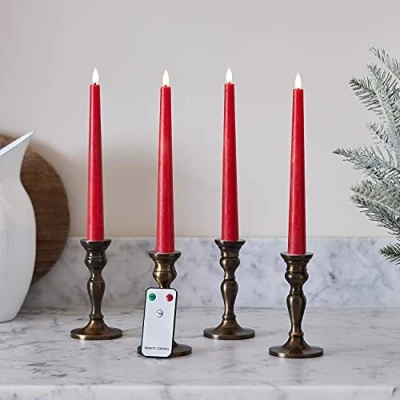 Image of Lights4fun Set of 4 Red Taper Candles with Remote Battery LED Flameless Real Wax Timer 22cm