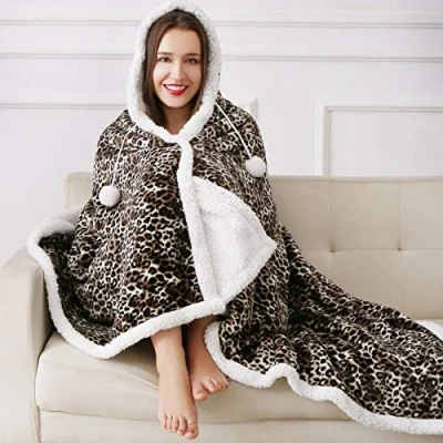 Image of YORKSHIRE HOMEWARE Super Soft Warm Sherpa Fleece Wearable Hoodie Blankets Throws Animal Skin Print Check Designs 130 x 180 cm (Leopard)