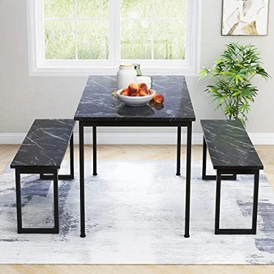 Image of Merax 3 Piece Dining Set with Bench Space Saving Ideal for Kitchen, Patio or Outdoor Seats 4 Comfortably Black