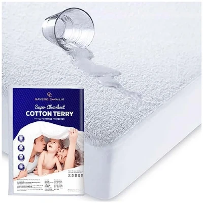Image of Terry Towelling Mattress Protector Double Waterproof Fitted Anti Allergic &amp; Durable Poly Cotton (140x190+30cm), White