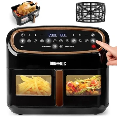 Image of Duronic Large Air Fryer AF14 BG 10L Drawer with Visual Window, Dual Zone, 10 in 1 Digital AirFryer for Family, Uses No Oil, Fry, Roast, Bake, Dishwasher Safe Non Stick Basket, Black Gold