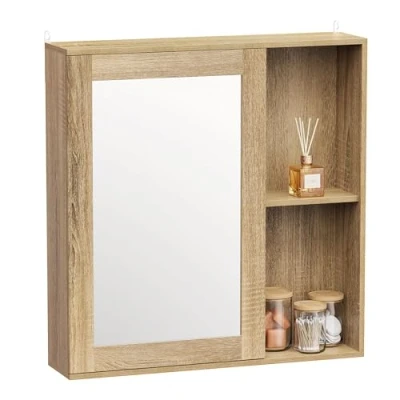 Image of VonHaus Bathroom Mirror Cabinet Oak Wood Effect with 1 Door Storage Handleless Design &amp; Adjustable Shelf Wall for Toiletries Chester