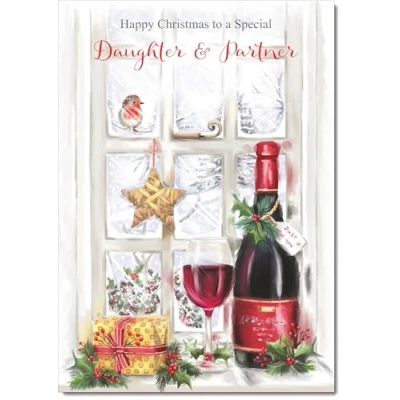 Image of doodlecards Daughter and Partner Christmas Card Red Wine Bottle Medium Size for &amp; with Plain Envelope