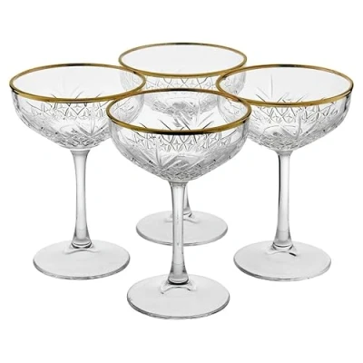Image of Queensway Home &amp; Dining 255ml Stemmed Champagne Glasses Set with Gold Rim, Elegant Glassware for Sparkling Wine, Cocktails, Perfect Parties, Weddings and Special Occasions (Set of 4)