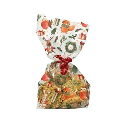 Image of Anniversary House 20 pcs Christmas Festive Woodland Animals Cellophane Bags, Party, Cookie, Biscuit, Sweet, Cake, Sweets, Gift, Food Bag 12.5 x 28.5cm, Clear with Pattern, Inc. Twist Ties, Gifts, M586