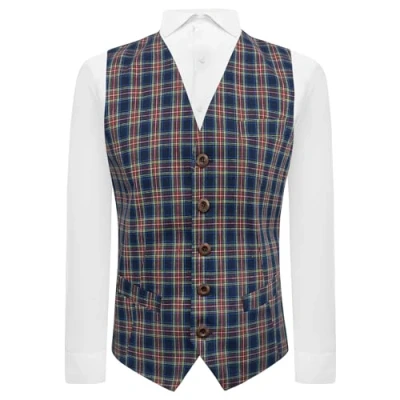 Image of King &amp; Priory Traditional Navy Blue Tartan Check Waistcoat XXXL