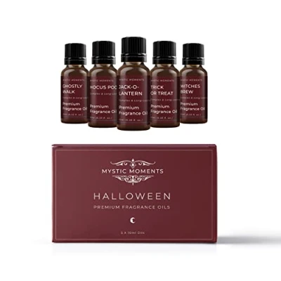 Image of Mystic Moments Halloween Fragrance Oil Gift Starter Pack 5x10ml Ghostly Walk, Hocus Pocus, Jack O Lantern, Trick or Treat, Witches Brew Perfect as a