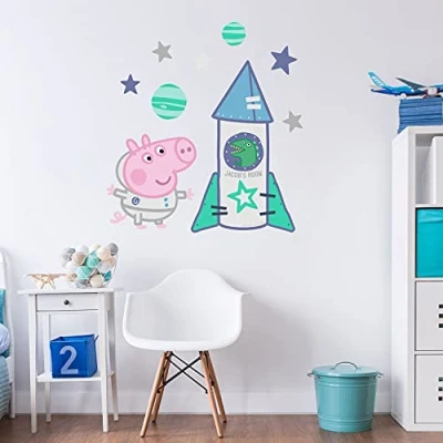 Image of Stickerscape Peppa Pig Space Wall Stickers (Personalised George Rocket Large Size) Official Decal, Decor Easy to Apply, Cleanly Removable