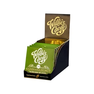 Image of Willie&#039;s Cacao No Added Sugar Chocolate bar 100% with Hazelnut &amp; Raisin 50g x 12 Rio Maranon naturally sweetened fruit and nuts Vegan