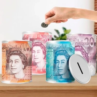 Image of LMS Money TIN 6 Pcs BOX Sterling Bank Note Piggy Bank, Coin Tin, Cash Savings Can, Birthday Money, Holiday &amp; Christmas Fund (6 MEDIUM)