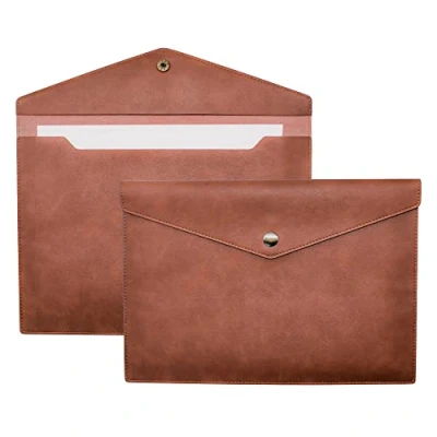 Image of VANRA 1 Piece PU Leather File Folders A4 Document Holder Envelope Waterproof Portfolio Filing Organizer for Letter Size with Snap Button Closure, Brown