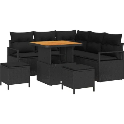 Image of vidaXL 8 Piece Garden Sofa Set with Cushions Black Poly Rattan Acacia