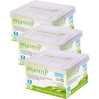 Image of 12x200 Certified Organic Cotton Buds, Biodegradable Paper Stick Not Chlorine Bleached Masmi
