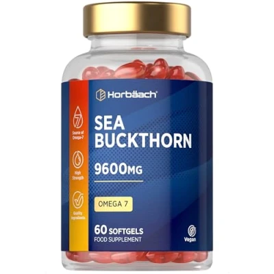 Image of Omega 7 Sea Buckthorn Oil 9600mg 60 Vegan Softgels High Strength Supplement with Essential Fatty Acids No Artificial Preservatives by Horbaach