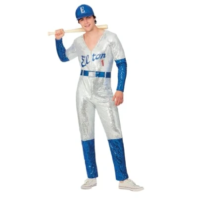 Image of Smiffys Elton John Deluxe Sequin Baseball Costume for Adults, Jumpsuit and Cap, Silver Blue, Officially Licensed, Perfect Music Themed Events Fancy Dress