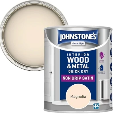 Image of Johnstone&#039;s Quick Dry Satin Magnolia Mid Sheen Water Based Interior Wood &amp; Metal Radiator Paint Low Odour in 1 2 Hours 12m2 Coverage per Litre 0.75 L