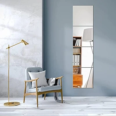 Image of Full Length Mirror Tiles, 4 Pcs Square Tiles Self Adhesive Acrylic Frameless Wall Set for Home Living Room Bedroom Decor (30cm x 30cm)