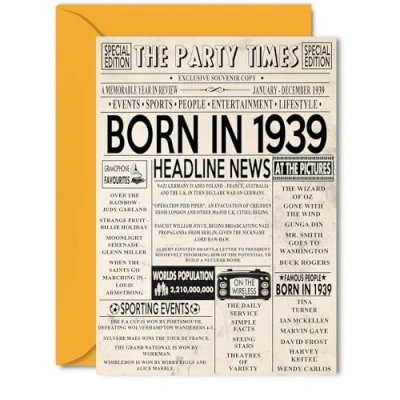 Image of 85th Birthday Cards for Women Men Born In 1939 Newspaper Happy 85 Card Grandma Grandad Nan Vintage Retro Back 1939, 5x7 Inch Eighty Five Fifth Bday Greeting