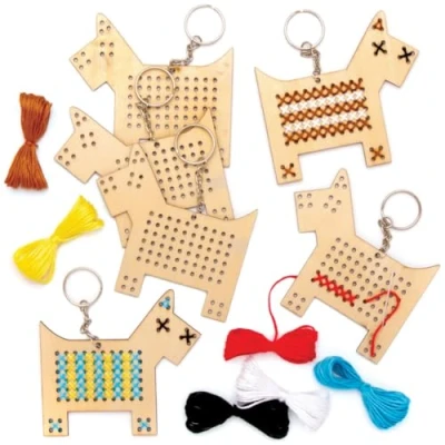 Image of Baker Ross AT836 Dog Wooden Cross Stitch Keyring Kits Pack of 5, Introduction to Sewing, Templates with Bright Coloured Wool for Craft Key Chains, Blue,White