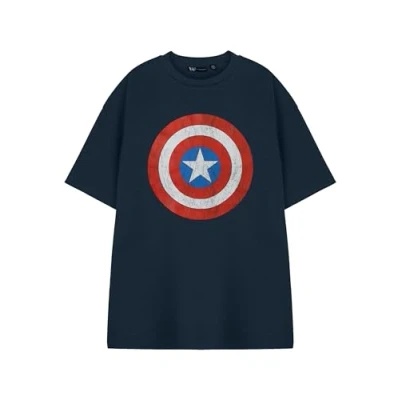 Image of Marvel Captain America Shield Mens Blue Short Sleeved Graphic Tee Superhero Logo T Shirt Avengers Fan Apparel Top Comic Book Hero Merchandise Patriotic Design