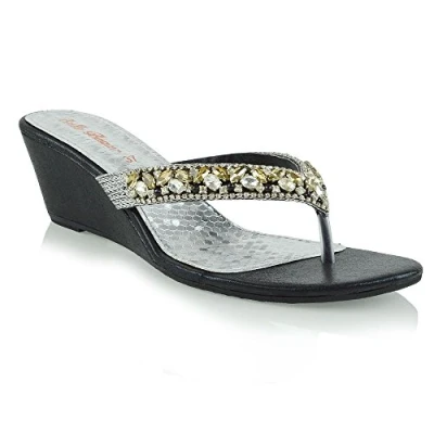 Image of Womens Low Wedge Heel Toe Post Diamante Sandals Ladies Sparkly Flip Flops 3 8 Black