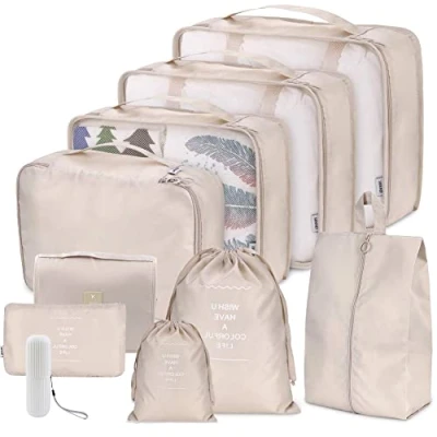 Image of Packing Cubes for Suitcase, Toifucos 10pcs/set Travel Luggage Organizers Waterproof Compression Suitcase Bag Essential (Beige)