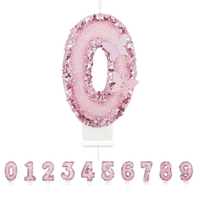 Image of Number 0 Candle,Pink Butterfly Birthday Candles for Girl,Cake Topper Decoration Girls Party
