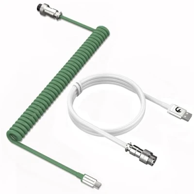 Image of MAMBASNAKE C01 Coiled Keyboard Cable, Pro Custom USB C Aviator Cable for Mechanical Keyboard, Type to A, TPU Spring with Detachable Metal Aviation Connector Gaming Green/White