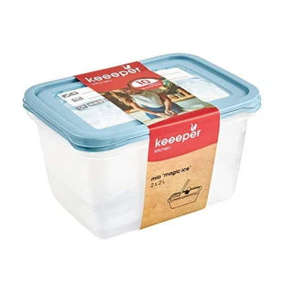 Image of keeeper 2 Piece Freezer Storage Box Set, Erasable Write On Lid, x Litre, 20.5 15.5 10.5 cm, Mia Magic Ice, Nordic Blue