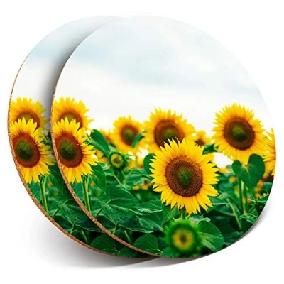Image of 2 x Round Coasters Sunflower Field Flowers Summer Cork Backed Home Kitchen Accessory Tea Coffee Mug Mat #14844