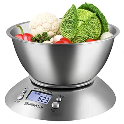 Image of UNIWEIGH Food Kitchen Scale Bowl,Digital Gram and OZ for Cooking,Baking,Dieting,Weight Loss,with Removable Bowl 2.15L Volume, Room Temperature,Timer, Backlight LCD Display, Stainless Steel, 11lb/5kg