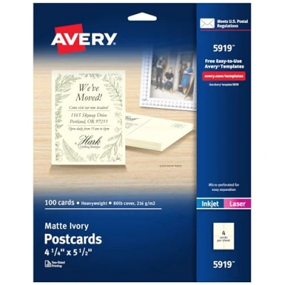 Image of Avery Ivory Postcards for Inkjet Printers, 4 1/4&quot;x5 1/2&quot;, Pack of 100 (5919)