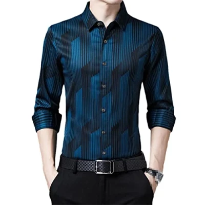 Image of KMMBBTY Long Sleeve Men Social Shirt Casual Striped Shirts Mens Slim Regular Fit Dress Ha Blue L