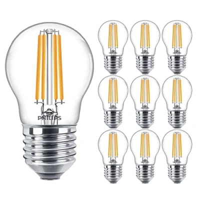 Image of Philips 10 Pack Classic LED Clear Filament Golf Ball P45 Lamp 6.5W (60W) E27 ES Large Edison Screw 2700k Warm White 806 Lumen 15000 Hours Car Air Freshener Included 80+ CRI