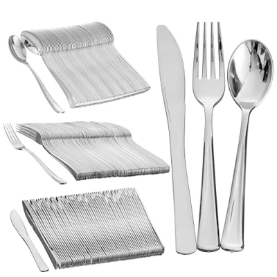 Image of MATANA 360 Elegant Silver Plastic Cutlery Set 120 Knives, Forks, Spoons Hand Washable, Reusable &amp; Heavy Duty Tableware for Weddings, Birthday, Parties Events