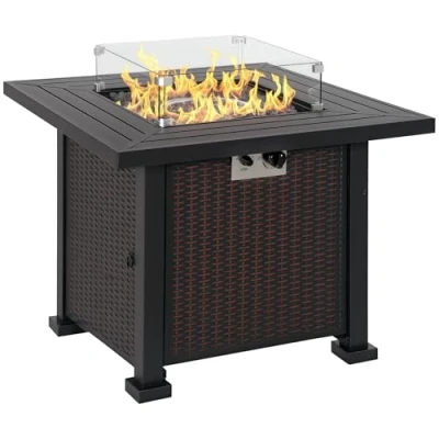 Image of Outsunny Square Propane Fire Pit Table 50000 BTU Gas Firepit w/Glass Screen and Lid