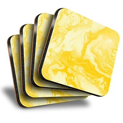 Image of Destination Vinyl ltd Great Coasters (Set of 4) Square Yellow Paint Swirls Pattern Art Abstract Drink Glossy Coasters/Tabletop Protection for Any Table Type #24461