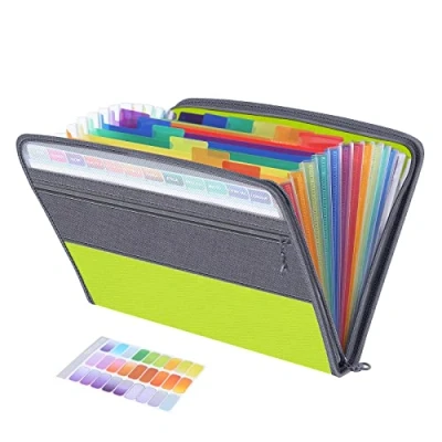 Image of Expanding File Organisers,13 Pockets Document Organiser Box Files, Rainbow Filing Folder, Fun Storage Accordian A4 Folders, Portable Files Wallets Plastic Documents Paperwork Boxes with Zip (Green)