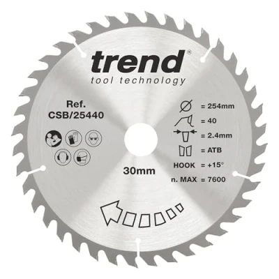 Image of Trend Wood Circular Saw Blade, 254mm Diameter, 30mm Bore, 40 Teeth, 2.4mm Kerf, +15 Hook, TCT, Medium Finish, CSB/25440