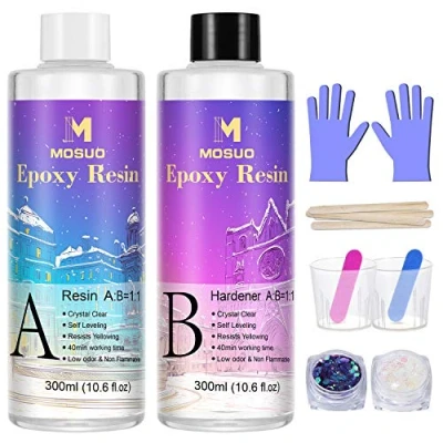 Image of Epoxy Resin Crystal Clear Kit for Beginners, 600ml/23oz Accessories and Casting Starter with Glitter, Measuring Cups, Gloves Sticks Art, Craft, Jewelry Making