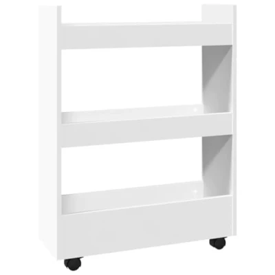 Image of vidaXL Narrow Storage Trolley 3 Tier Bookcase Shelf Rolling White Engineered Wood Slim Cart for Living Room, Kitchen, Bathroom 60 x 22 80 cm