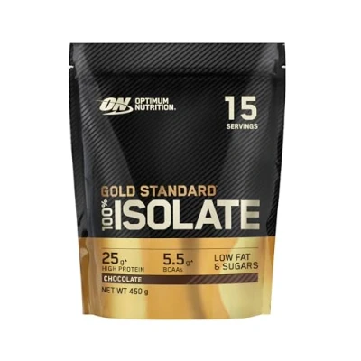 Image of Optimum Nutrition Gold Standard 100% Isolate for Muscle Support and Repair, High Whey Protein Powder with BCAA Amino Acids, Low Sugar, Fat Sports Nutrition, Chocolate Flavour, 15 Servings, 450g