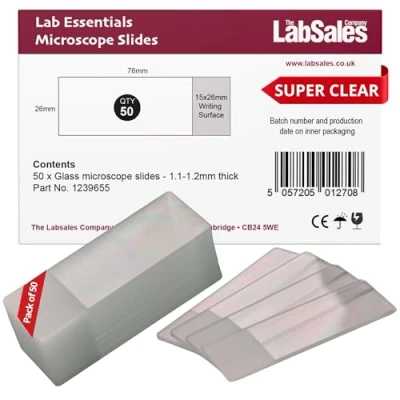 Image of Labsales Academy 50 super clear glass lab microscope slides with frosted writing surface for labs chemistry education &amp; all microscopy work 76mm x 26mm 1.1 1.2mm