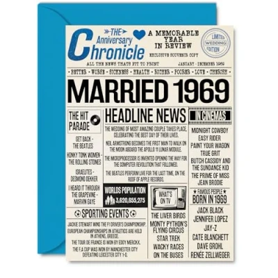 Image of 55th Anniversary Cards for Men Women Married 1969 Newspaper Happy 55 Wedding Card Husband Wife Dad Mum Aunt Uncle Vintage Retro 1969, A5 Greeting